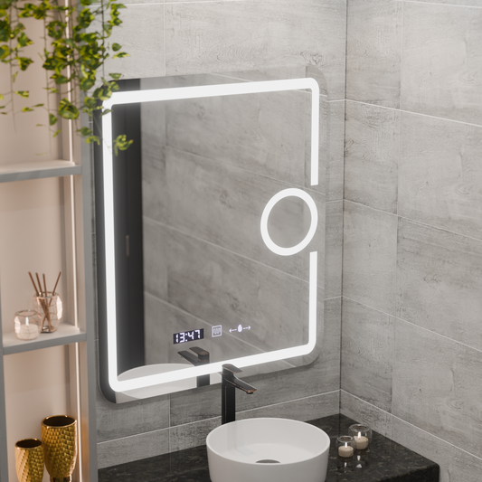 Obdélníkové LED zrcadlo, 75x90cm, Eclat MotionGlow Marcello, Demister System, Hodiny a teploměr, Kosmetická lupa, Stmívatelná zrcátka Marcello Výchozí název Alessandro Design