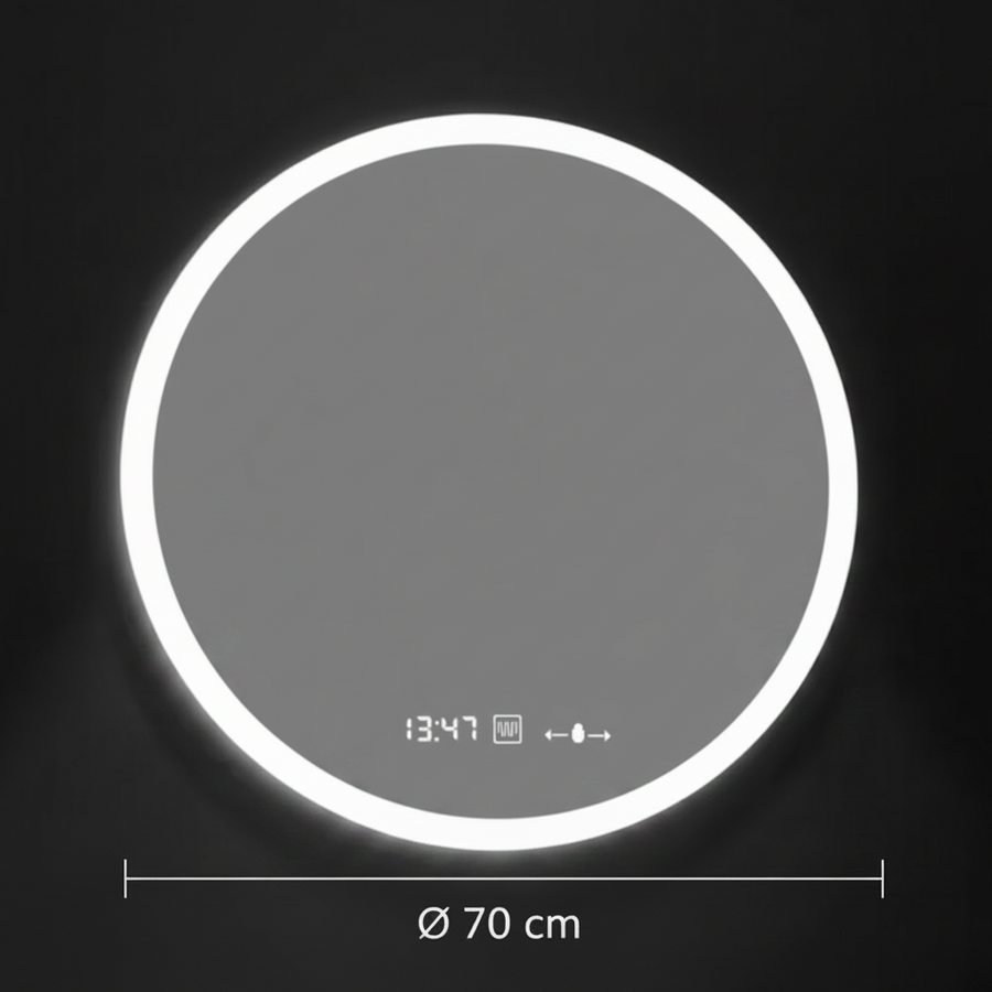 GIULIA Kulaté LED zrcadlo, 70 cm, MotionGlow senzor, Demister System, Hodiny & Teploměr, Stmívatelné, Marcello Funghi