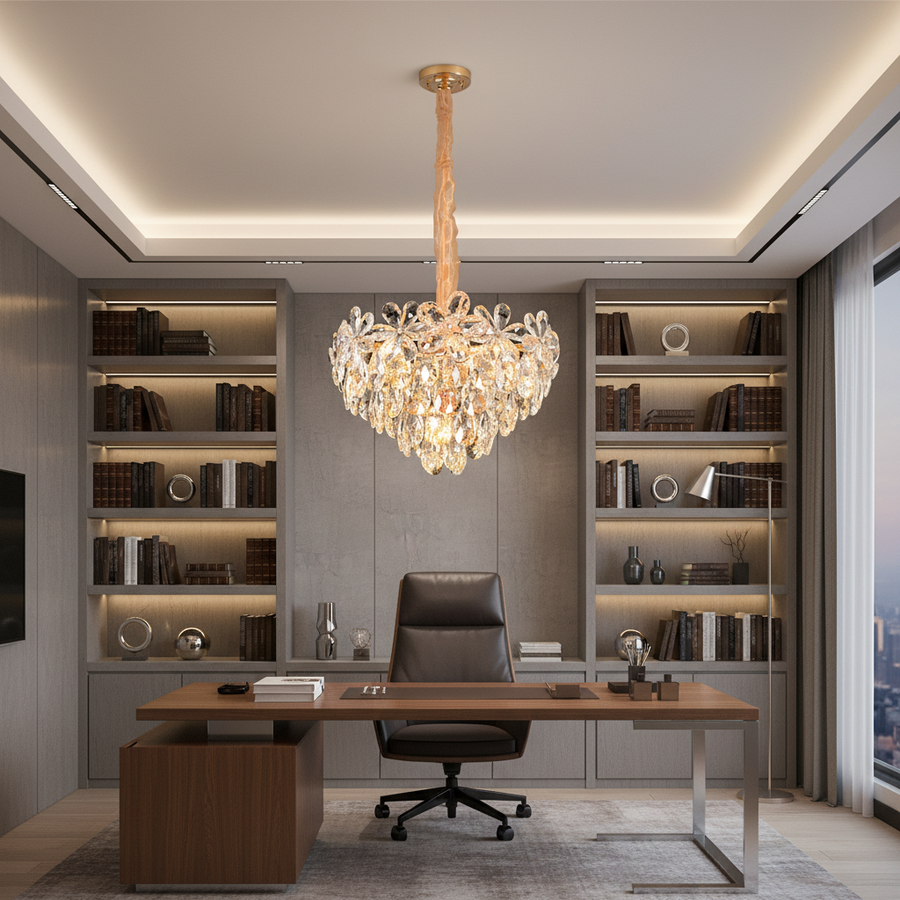 Křišťálový lustr, Elegance 7xE27, průměr 40 cm, lesklé zlato, nastavitelná výška, kov a křišťál