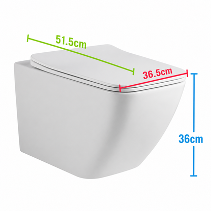 Toaletă Suspendată Fără Ramă NUNAVUT, Evacuare Orizontală (P-Trap) 18 cm, 51.5x36.5x36cm,Alb