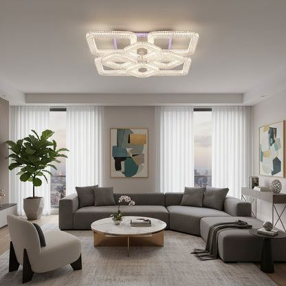 Lustra LED RENATO Magno cu telecomanda si cristal,  128W, 8 Patrate, Lumina Rece/Calda/Neutra, Dimabila, Alb