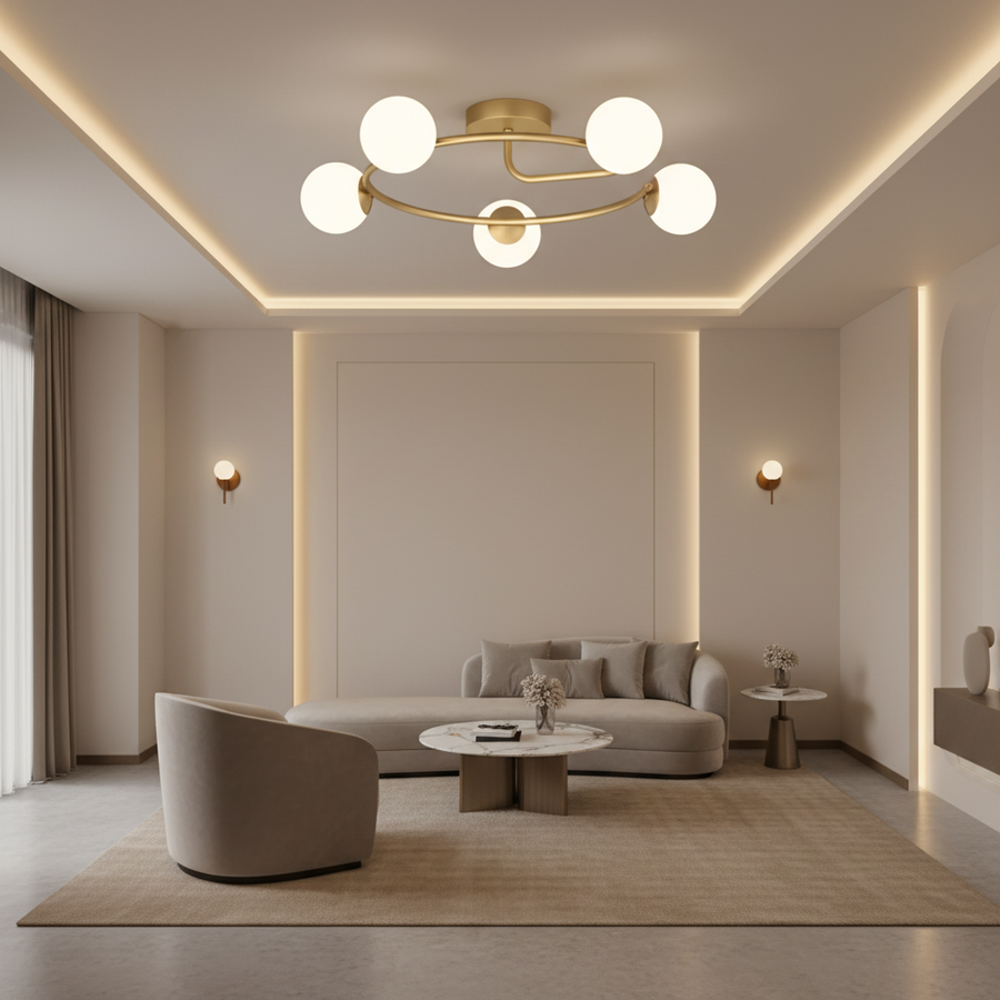 Lustra LED si cristal ORBIT, 72cm, 5xE27, Globuri, Auriu