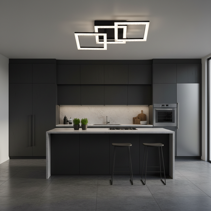 Lustra LED cu telecomanda GEO 43W, 3 Patrate, lumina Rece/Calda/Neutra, Dimabila, Metal si Acril, Negru