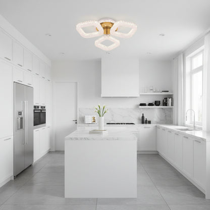 Lustra LED RENATO Nobile cu telecomanda si cristal,  39W, 3 Patrate, Lumina Rece/Calda/Neutra, Dimabila, Auriu
