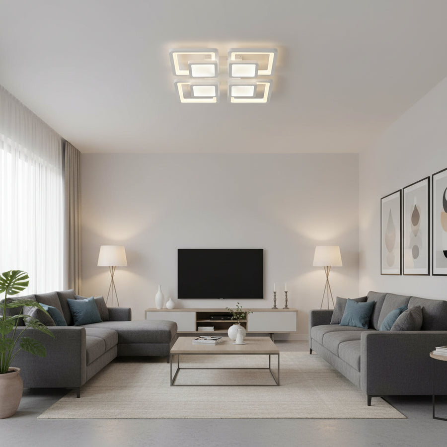 LED lustr s dálkovým ovládáním SUSAN 96W, 4 čtverce, studené/teplé/neutrální světlo, stmívatelné, bílý LED lustr s dálkovým ovládáním Výchozí název Alessandro Design