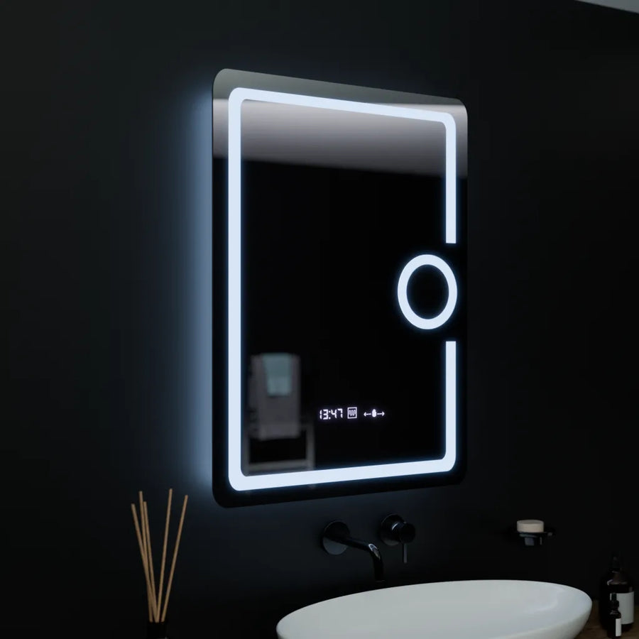 Obdélníkové LED zrcadlo, 60x80cm, Eclat MotionGlow Marcello, Hodiny a teploměr, Demister System, Kosmetická lupa, Dimabila Zrcadla Marcello Výchozí název Alessandro Design