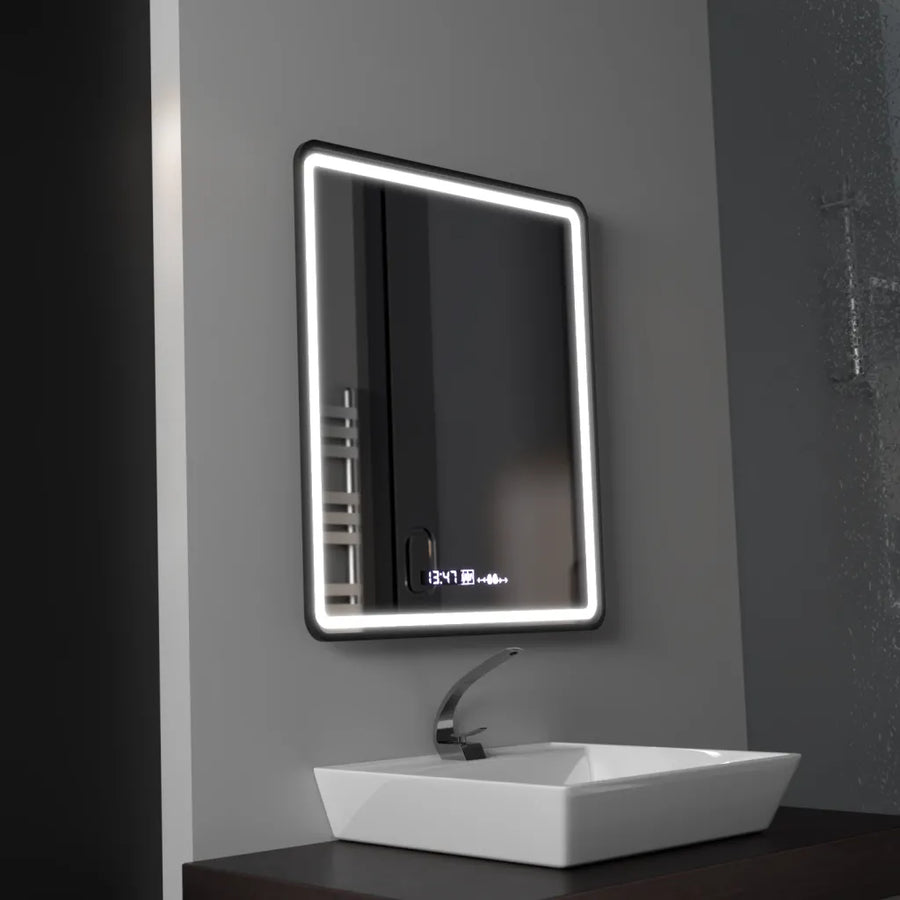 Obdélníkové LED zrcadlo, 75x90cm, Favola MotionGlow Marcello, Demister System, Hodiny & Teploměr, Stmívatelné