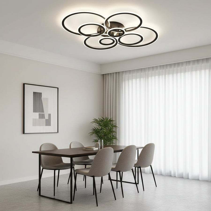 LED lustr s dálkovým ovládáním BETTY 127W, 8 kruhů, studené/teplé/neutrální světlo, stmívatelné, černé LED lustry s dálkovým ovládáním Výchozí název Alessandro Design