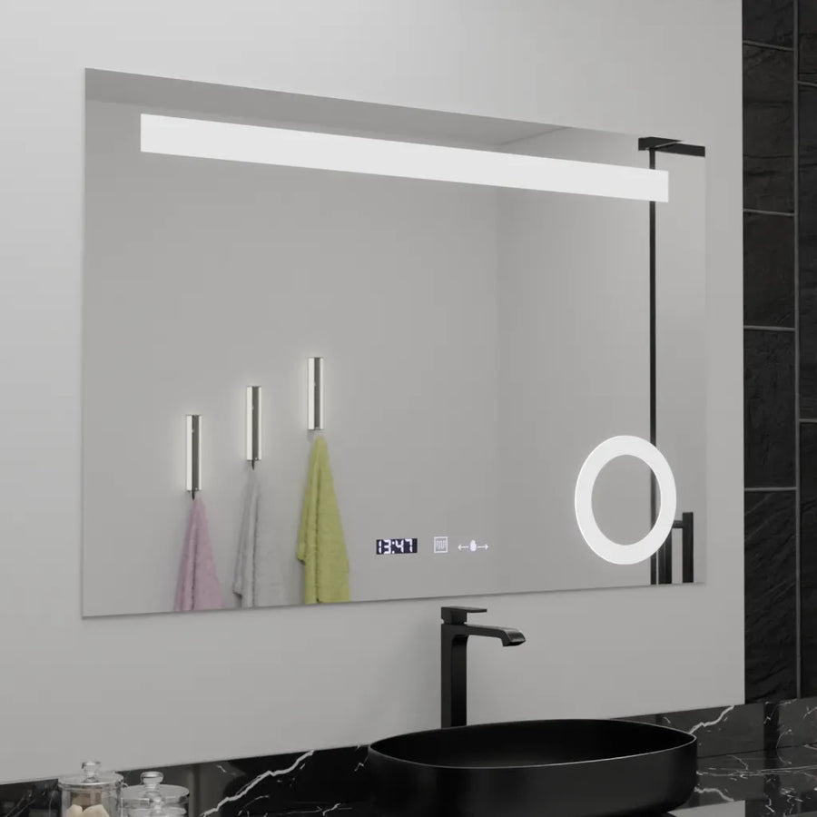 Obdélníkové LED zrcadlo, 120x80cm, ABSOLU MotionGlow Marcello, systém odmlžování, hodiny a teploměr, kosmetická lupa, stmívatelná zrcátka Marcello Výchozí název Alessandro Design