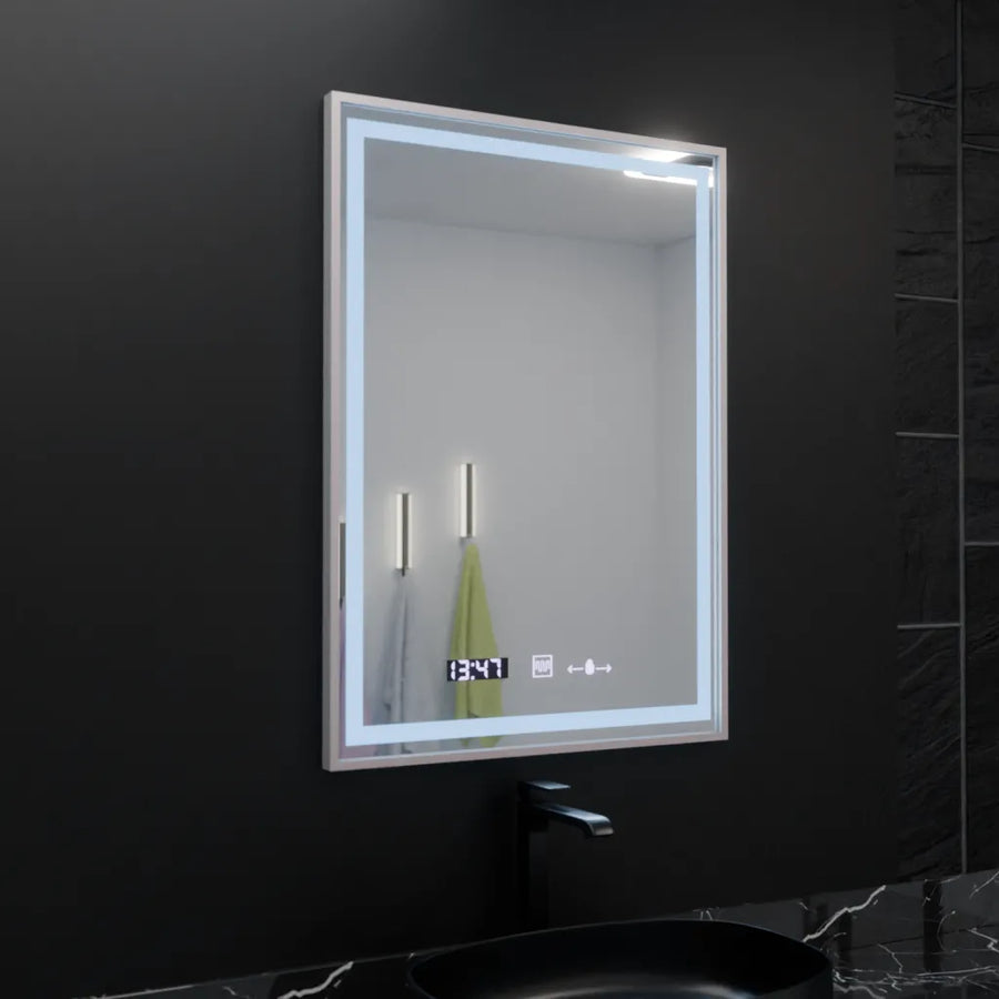 Obdélníkové LED zrcadlo, 60x80cm, Verite Imperial Silver Motion Glow Marcello, Demister System, Hodiny a teploměr, Stmívatelná zrcátka Marcello Výchozí název Alessandro Design