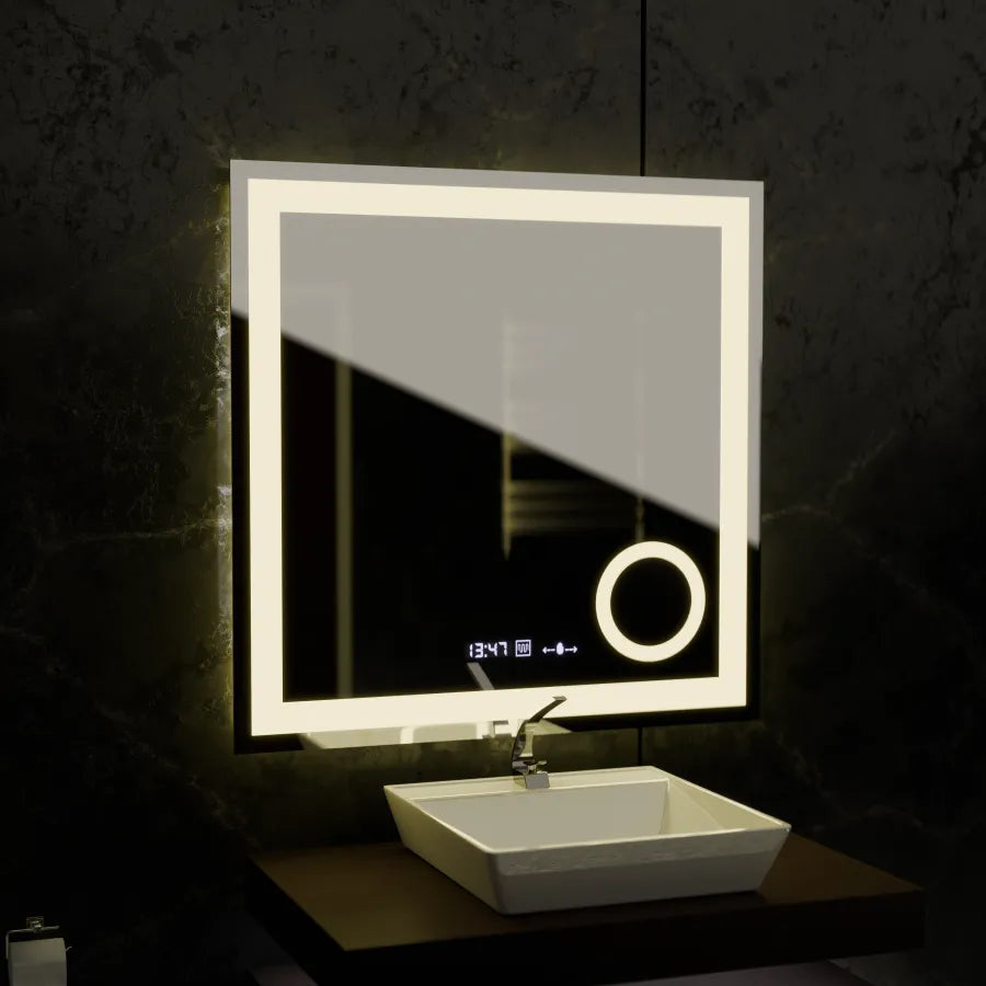 Obdélníkové LED zrcadlo, 80x80cm, Souverain MotionGlow Marcello, Systém odmlžování, Hodiny a teploměr, Kosmetická lupa, Stmívatelné Marcello Zrcadla Výchozí název Alessandro Design
