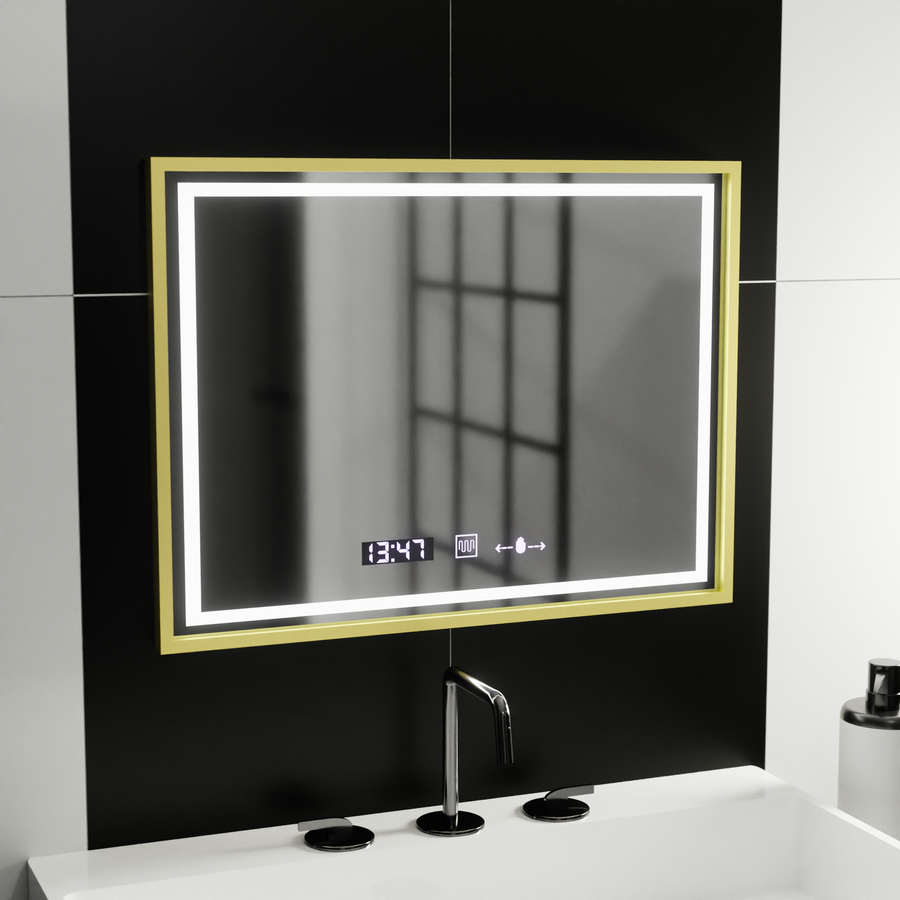 Obdélníkové LED zrcadlo, 80x60cm, Verite Royale Gold MotionGlow Marcello, systém odmlžování, hodiny a teploměr, stmívatelná zrcátka Marcello Výchozí název Alessandro Design