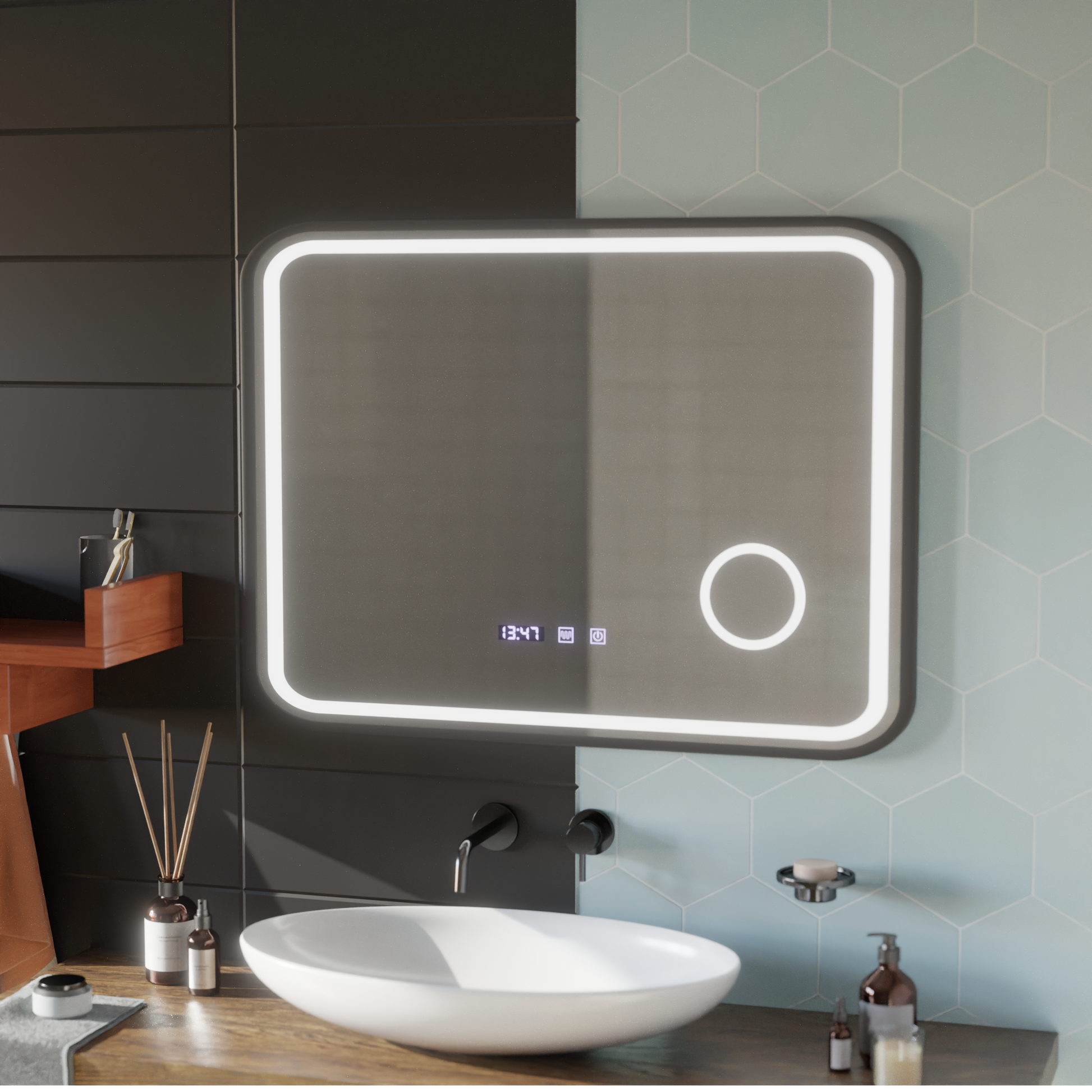 LED Touch Bernd Systém odmlžování zrcadla, hodiny a teplota 80x60 cm Černý rám kartáčovaná kosmetická lupa zrcátka Korman S Výchozí název Alessandro Design