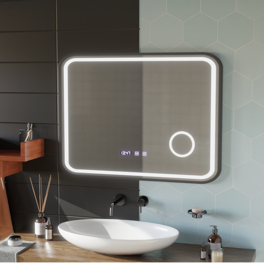 LED Touch Bernd Systém odmlžování zrcadla, hodiny a teplota 80x60 cm Černý rám kartáčovaná kosmetická lupa zrcátka Korman S Výchozí název Alessandro Design