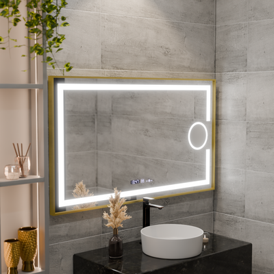 Obdélníkové LED zrcadlo, 110x65cm, Eclat MotionGlow Marcello, Demister System, Hodiny & Teploměr, Kosmetická lupa, Stmívatelné, Rám z kartáčovaného zlata