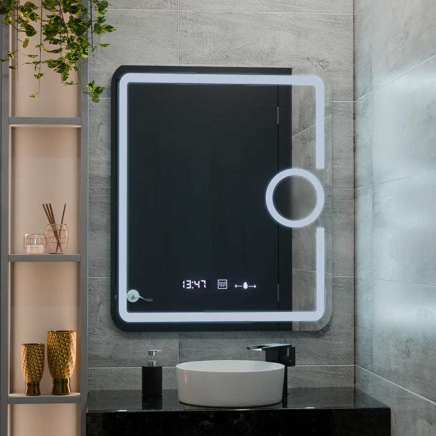 Obdélníkové LED zrcadlo, 60x80cm, Eclat MotionGlow Marcello, Hodiny a teploměr, Demister System, Kosmetická lupa, Dimabila Zrcadla Marcello Výchozí název Alessandro Design