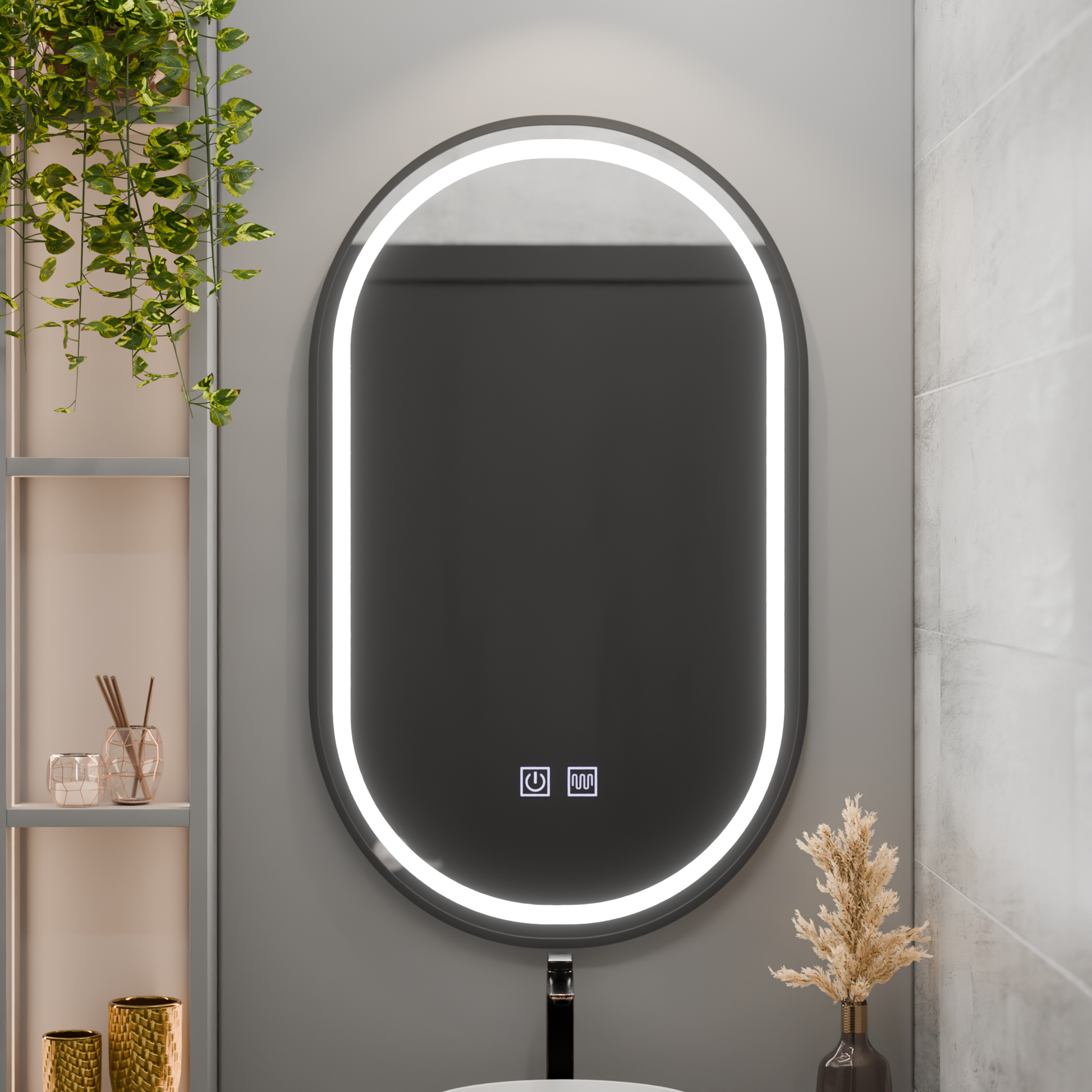 Oválné LED zrcadlo 50x100cm VETRO Touch Dimable Demister System, černý rám Korman Mirrors E Výchozí název Alessandro Design