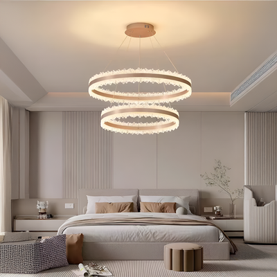 Závěsný LED lustr s dálkovým ovládáním NIVALIS Duo 127W, kruhy 60x80cm, studené/teplé/neutrální světlo, stmívatelný, výškově nastavitelný, zlatý