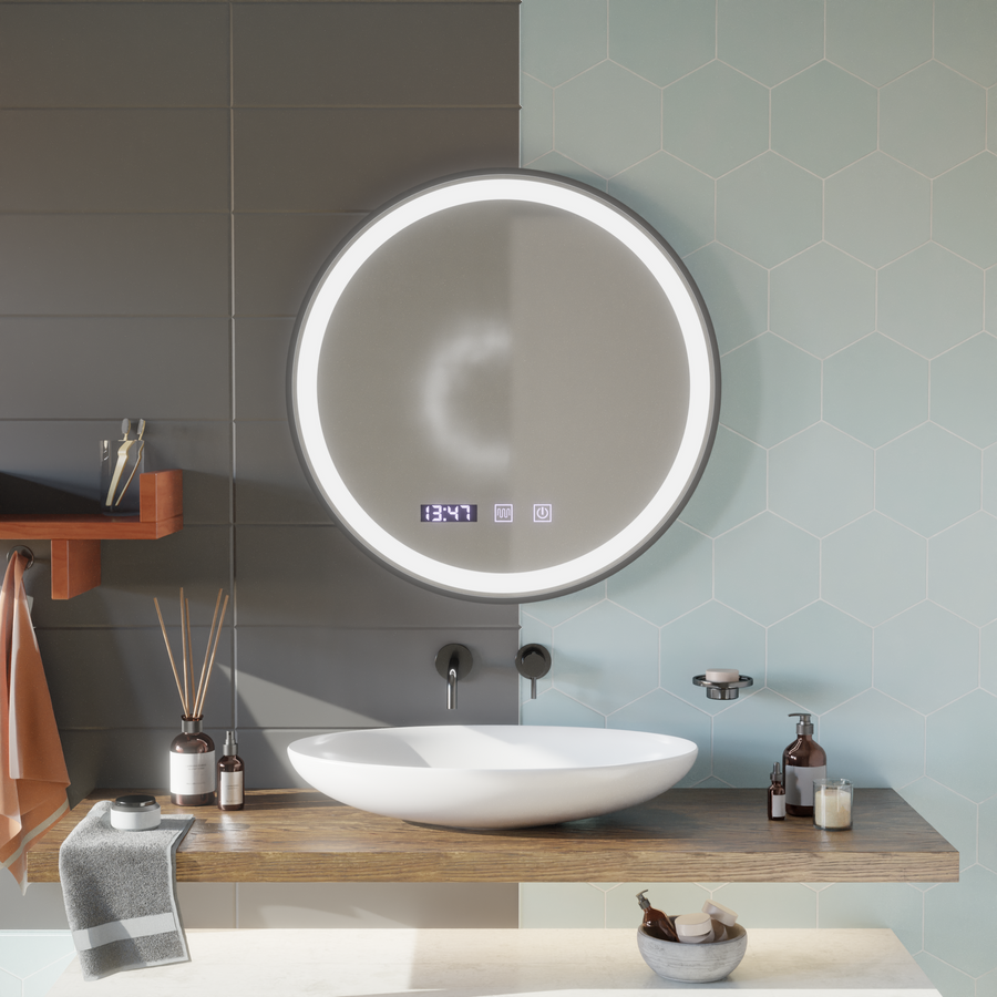 LED dotykové zrcátko NOVARA Demister System, Clock and Temperature 90 cm Černý rám broušená zrcadla Korman S Výchozí název Alessandro Design