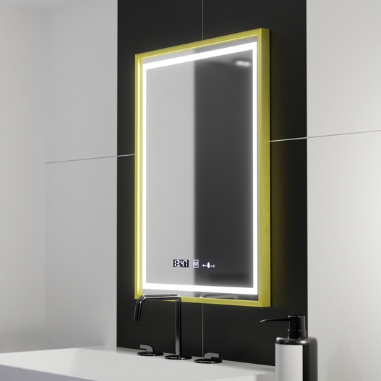 Obdélníkové LED zrcadlo, 50x70 cm, Verite Royale Gold Motion Glow Marcello, systém odmlžování, hodiny a teploměr, stmívatelná zrcátka Marcello Výchozí název Alessandro Design