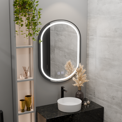Oválné LED zrcadlo 50x80cm VETRO Touch Dimmable Demister System, černý rám Korman Mirrors E Výchozí název Alessandro Design