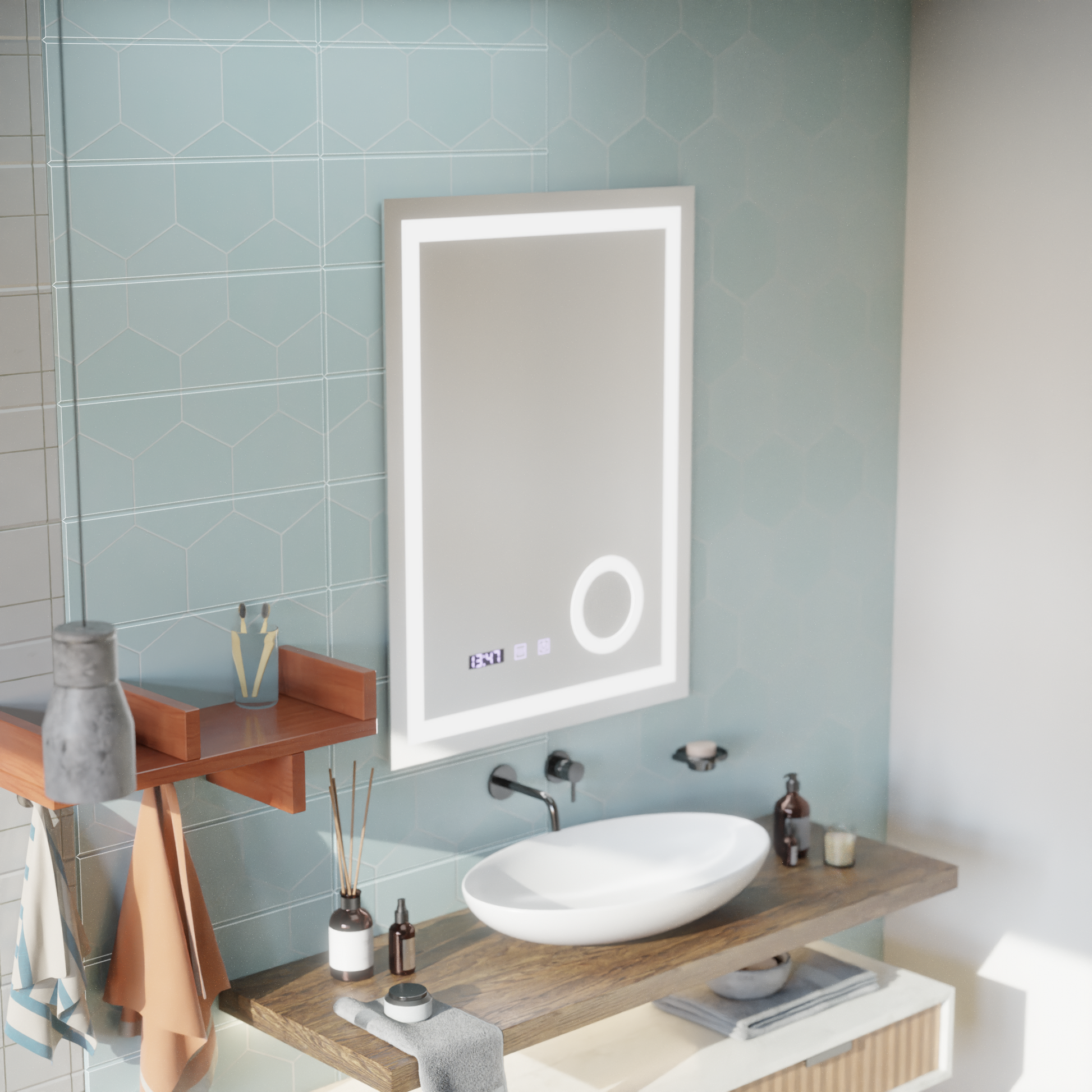 LED dotykové zrcátko NIVERA odmlžovací systém, hodiny a teplota 60x80 cm Kosmetická lupa Zrcadla Korman S Výchozí název Alessandro Design
