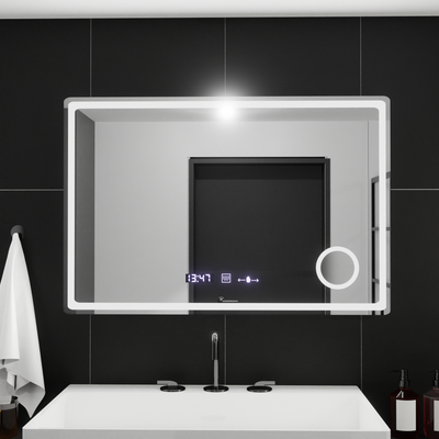 Obdélníkové LED zrcadlo, 90x60cm, Velur MotionGlow Marcello, Demister System, Hodiny & Teploměr, Kosmetická lupa, Stmívatelné