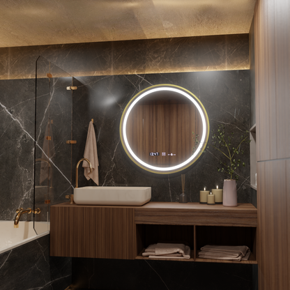 LED kulaté zrcadlo, 80 cm, Celeste Royale Gold MotionGlow Marcello, systém odmlžování, hodiny a teploměr, stmívatelná zrcátka Marcello Výchozí název Alessandro Design