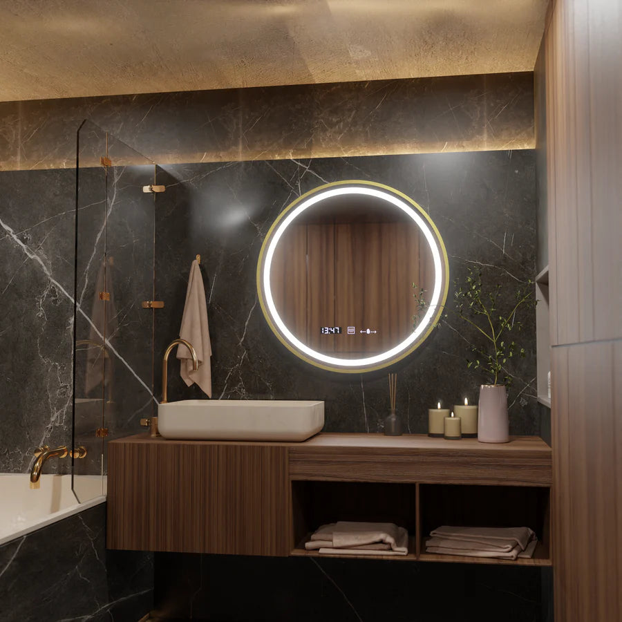 Kulaté zrcadlo LED, 60 cm, Celeste Royale Gold Eleve MotionGlow Marcello, systém odmlžování, hodiny a teploměr, stmívatelné, odnímatelný popruh, Marcello Zrcadla Výchozí název Alessandro Design