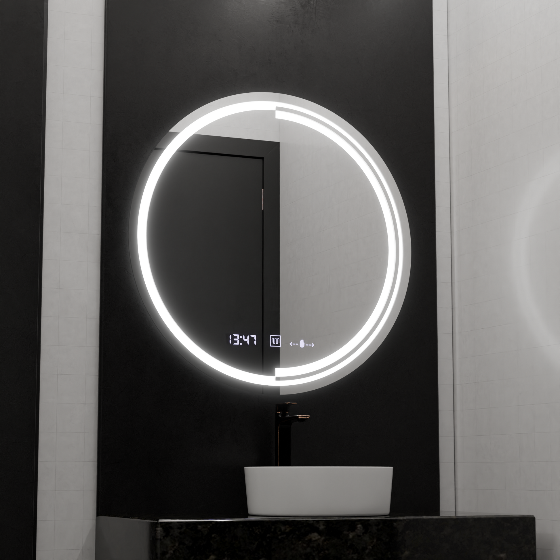 LED kulaté zrcadlo, 60 cm, MotionGlow Sensor Consuel Marcello, systém odmlžování, hodiny a teploměr, stmívatelná zrcátka Marcello Výchozí název Alessandro Design