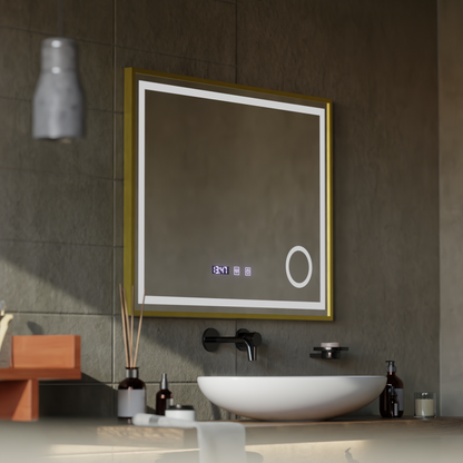 LED Touch CLARUS Systém odmlžování zrcadla, hodiny a teplota 80x60 cm Zlatý rám kartáčovaná kosmetická lupa Zrcadla Korman S Výchozí název Alessandro Design