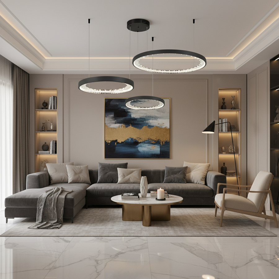 Lustra LED suspendata cu telecomanda, Cristale K9, 80W, 3 Cercuri, lumina Rece/Calda/Neutra, Dimabila, Negru, Inaltime Reglabila Lustre Moderne Default Title Alessandro Design