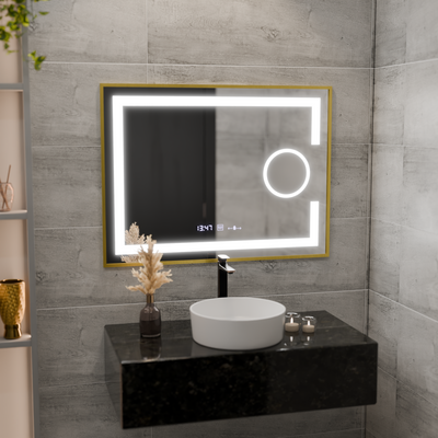 Obdélníkové LED zrcadlo, 80 x 60 cm, Eclat MotionGlow Marcello, systém odmlžování, hodiny a teploměr, kosmetická lupa, stmívatelné, rám z kartáčovaného zlata