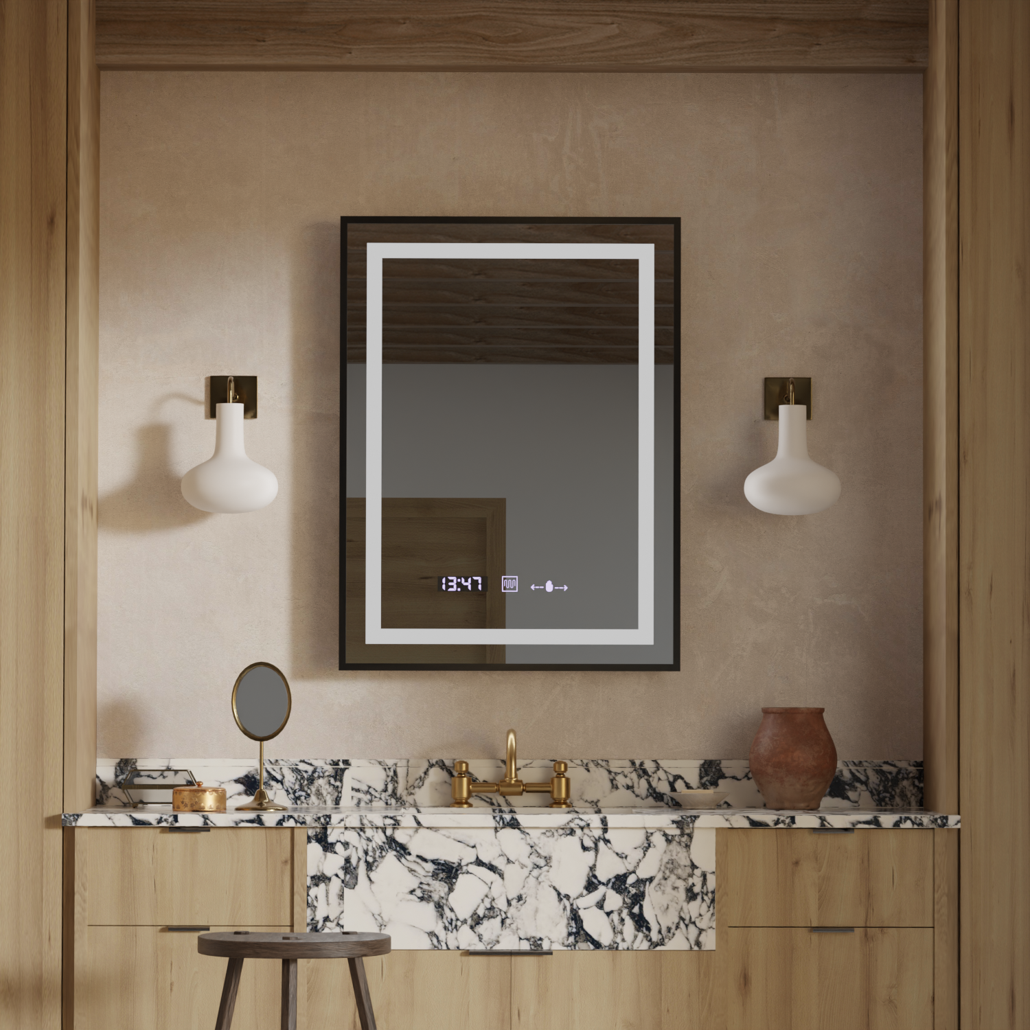 Obdélníkové LED zrcadlo, 50x70 cm, Verite Majeste Noir Motion Glow Marcello, systém odmlžování, hodiny a teploměr, stmívatelná zrcátka Marcello Výchozí název Alessandro Design