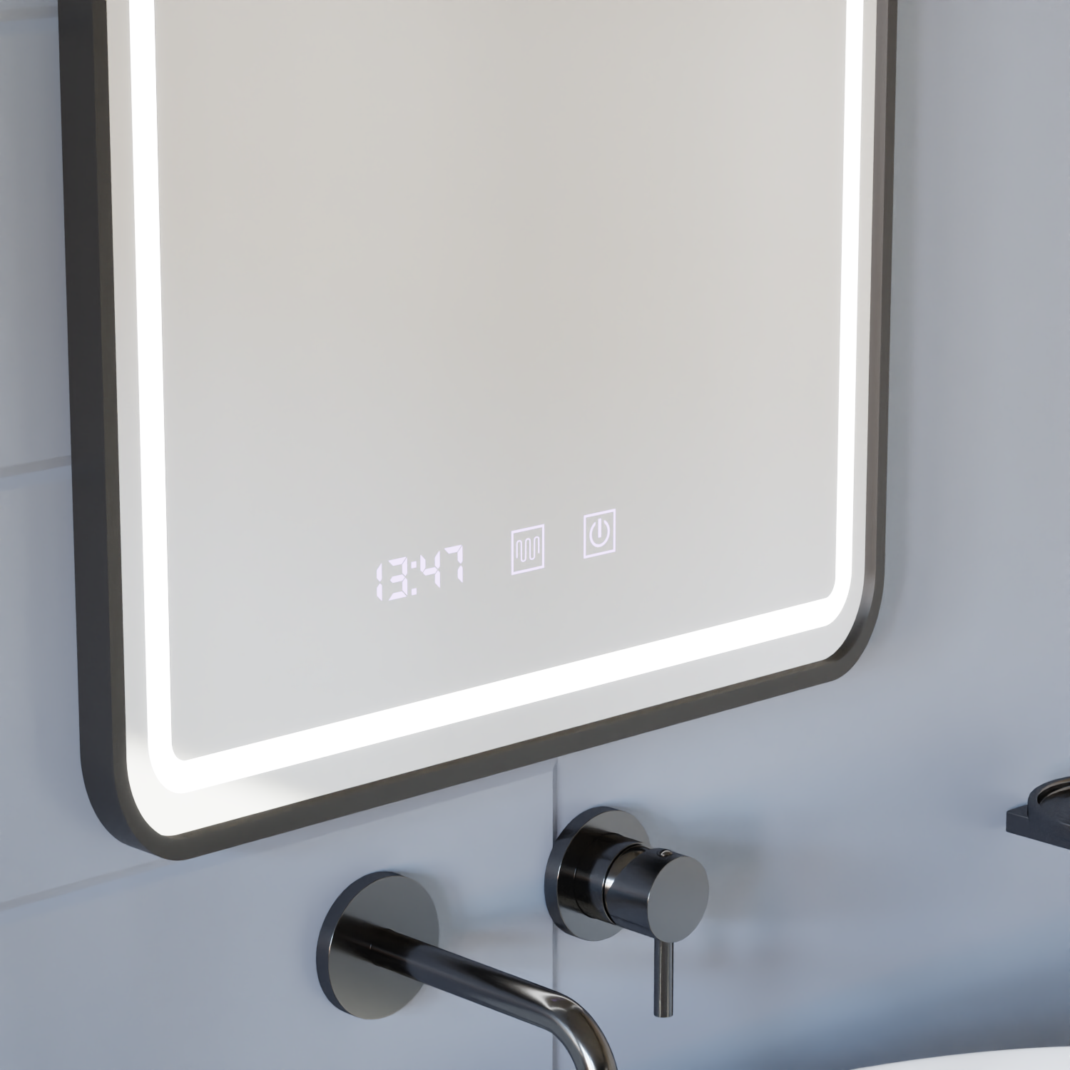 Zrcadlo LED Touch Systém odmlžování LUCIDA, hodiny a teplota 60x80 cm Rám Černá kartáčovaná zrcadla Korman S Výchozí název Alessandro Design