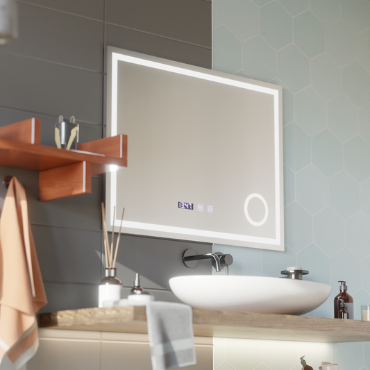 LED dotykové zrcátko NIVERA odmlžovací systém, hodiny a teplota 80x60 cm Kosmetická lupa Zrcadla Korman S Výchozí název Alessandro Design