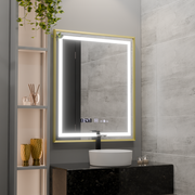 Obdélníkové LED zrcadlo, 75 x 90 cm, Verite Royale Gold MotionGlow Marcello, systém odmlžování, hodiny a teploměr, stmívatelná zrcátka Marcello Výchozí název Alessandro Design