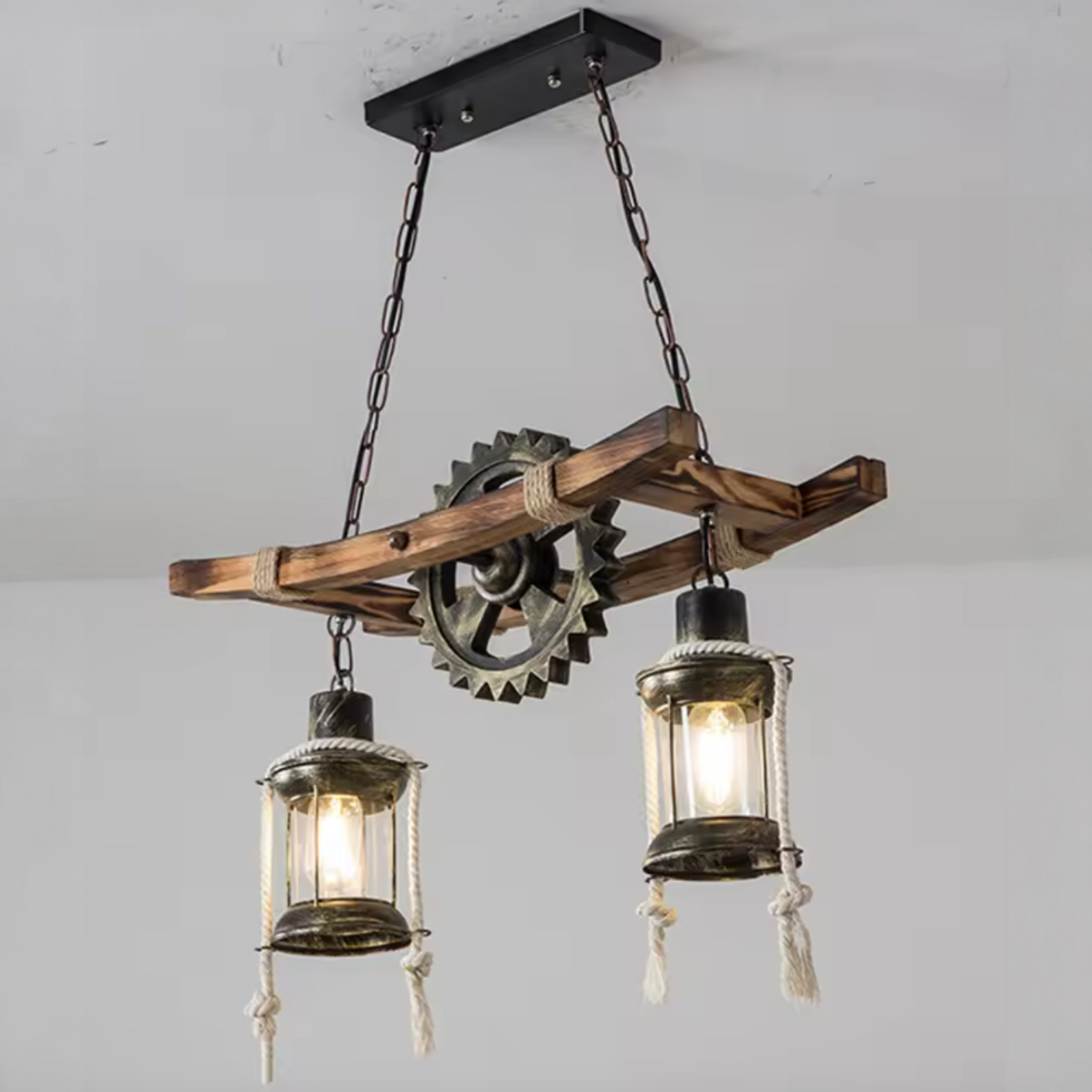 Lustra Vintage cu Franghie LV590/2BK, 2xE27 Lemn Inchis Lustre Vintage Default Title Alessandro Design