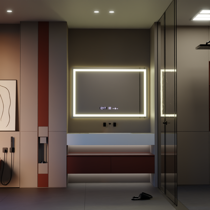 Obdélníkové LED zrcadlo 120x80cm Vérité MotionGlow Marcello, odmlžovací systém, hodiny a teploměr, stmívatelná zrcátka Marcello Výchozí název Alessandro Design