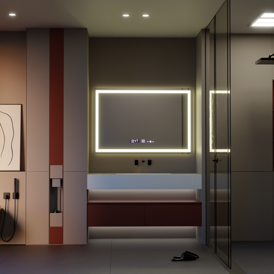 Obdélníkové LED zrcadlo 120x80cm Vérité MotionGlow Marcello, odmlžovací systém, hodiny a teploměr, stmívatelná zrcátka Marcello Výchozí název Alessandro Design