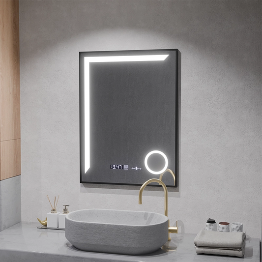 LED zrcadlo Francesca MotionGlow Snímač 60x80 cm Teplé/Studené/Neutrální světlo Stmívatelný rám Černý kartáčovaný systém odmlžování Teploměr Hodiny Marcello Funghi Collection