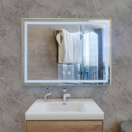 RAYNA dotykové LED zrcadlo, 80x60 cm, funkce odmlžování, kartáčovaný zlatý rám zrcadla Korman E Výchozí název Alessandro Design