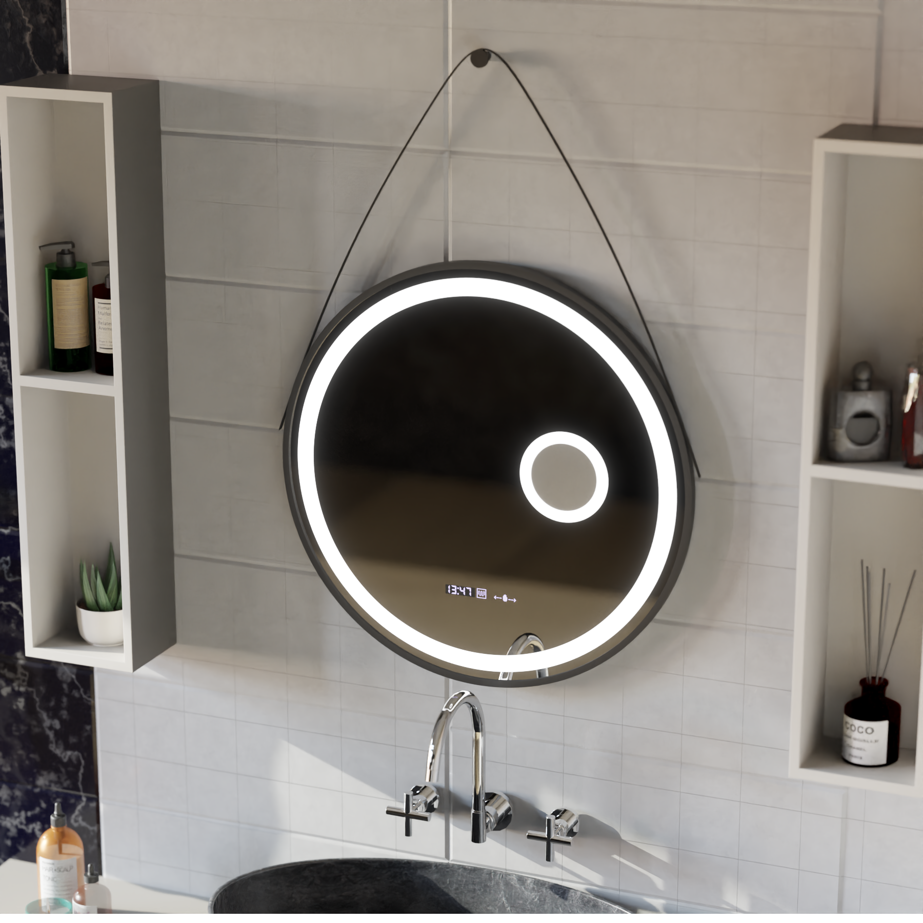 LED kulaté zrcadlo, 11W, 60cm, Micah Marcello MotionGlow Sensor, Demister System, Hodiny a teploměr, Kosmetická lupa, Stmívatelné Marcello Mirrors Výchozí název Alessandro Design