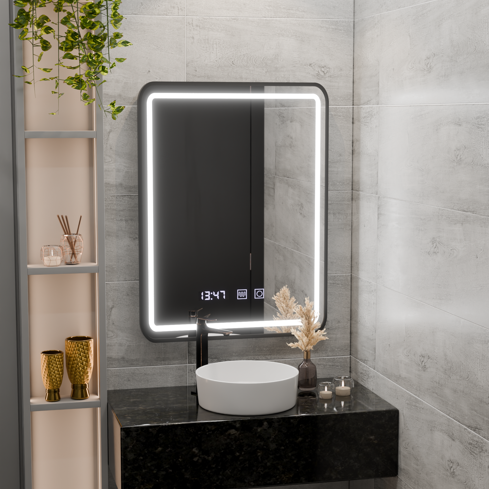 Zrcadlo LED Touch Systém odmlžování LUCIDA, hodiny a teplota 50x70 cm Rám Černá kartáčovaná zrcadla Korman S Výchozí název Alessandro Design