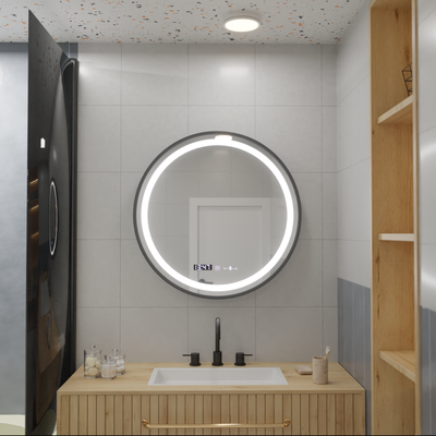LED kulaté zrcadlo, 80 cm, Celeste Majesté Noir MotionGlow Marcello, Demister System, Hodiny & Teploměr, Stmívatelné