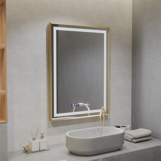 Obdélníkové LED zrcadlo, 60x80cm, Verite Royale Gold MotionGlow Marcello, Demister System, Hodiny & Teploměr, Stmívatelné
