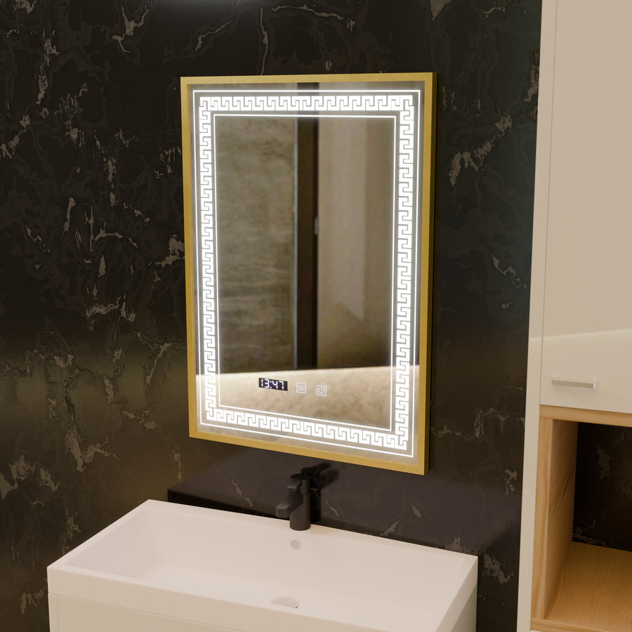 Zrcadlo LED Touch Bruno Demister System, hodiny a teplota 60x80 cm Rám z kartáčovaného zlata, S84/60X80 Zrcadla Korman S Výchozí název Alessandro Design