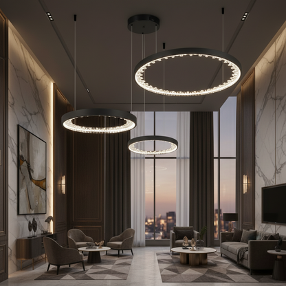 Závěsný LED lustr s dálkovým ovládáním, K9 Crystals, 80W, 3 kruhy, studené/teplé/neutrální světlo, stmívatelný, černý, výškově nastavitelný