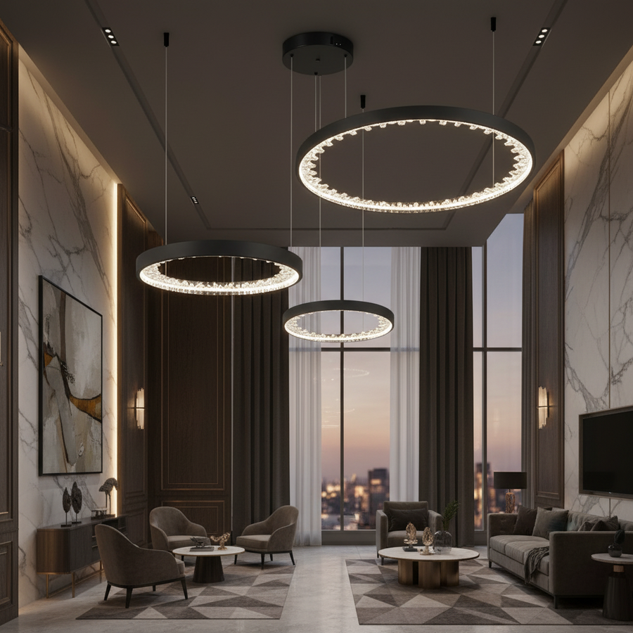 Závěsný LED lustr s dálkovým ovládáním, K9 Crystals, 80W, 3 kruhy, studené/teplé/neutrální světlo, stmívatelný, černý, výškově nastavitelný