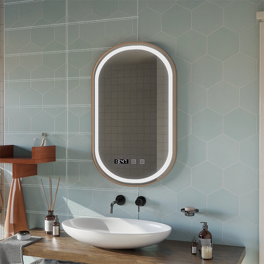 Konrad LED Touch Mirror Demist System, hodiny a teplota 50x80 cm rám z kartáčovaného zlata, teplé neutrální studené světlo 3000K/4000K/6000K